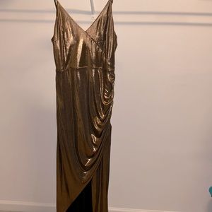 Metallic gold floor length dress. Perfect for wedding guest or special occasion